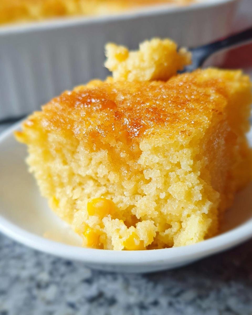 Close-up of a serving of moist Corn Pudding Holiday Favorite with a golden, slightly caramelized top.