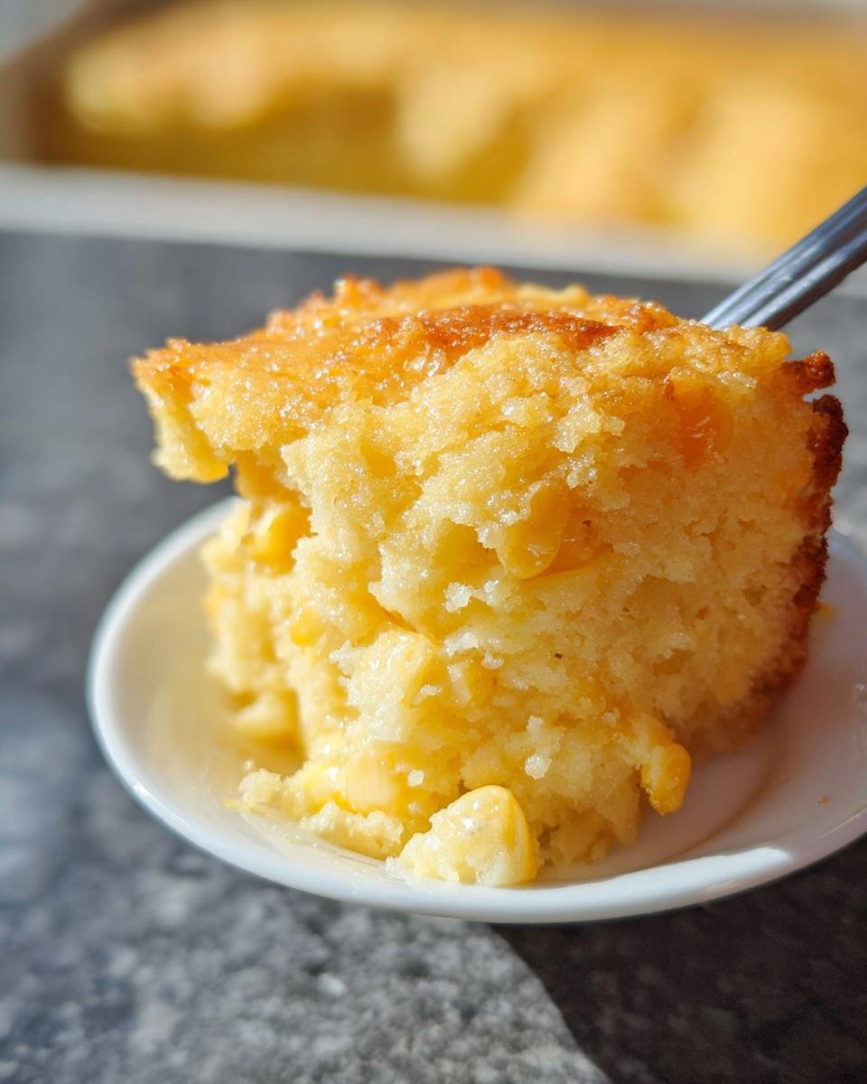 Close-up of a moist, golden slice of Corn Pudding Holiday Favorite being lifted by a fork from a small white dish.