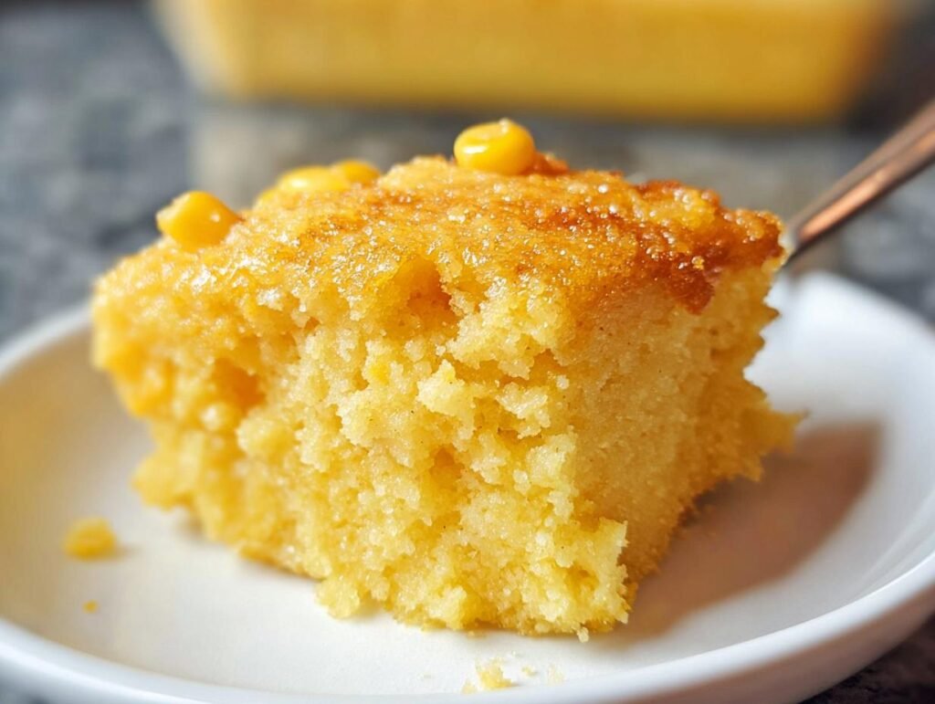 Close-up of a moist, golden slice of Corn Pudding Holiday Favorite being lifted by a fork.