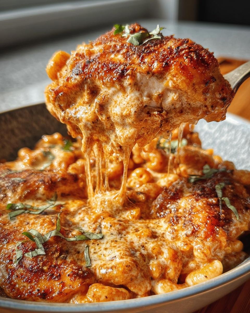 A spoonful of creamy, cheesy Cottage Cheese Chicken Parm Bowl being lifted, showing melted sauce stretching between the chicken and the pasta below.