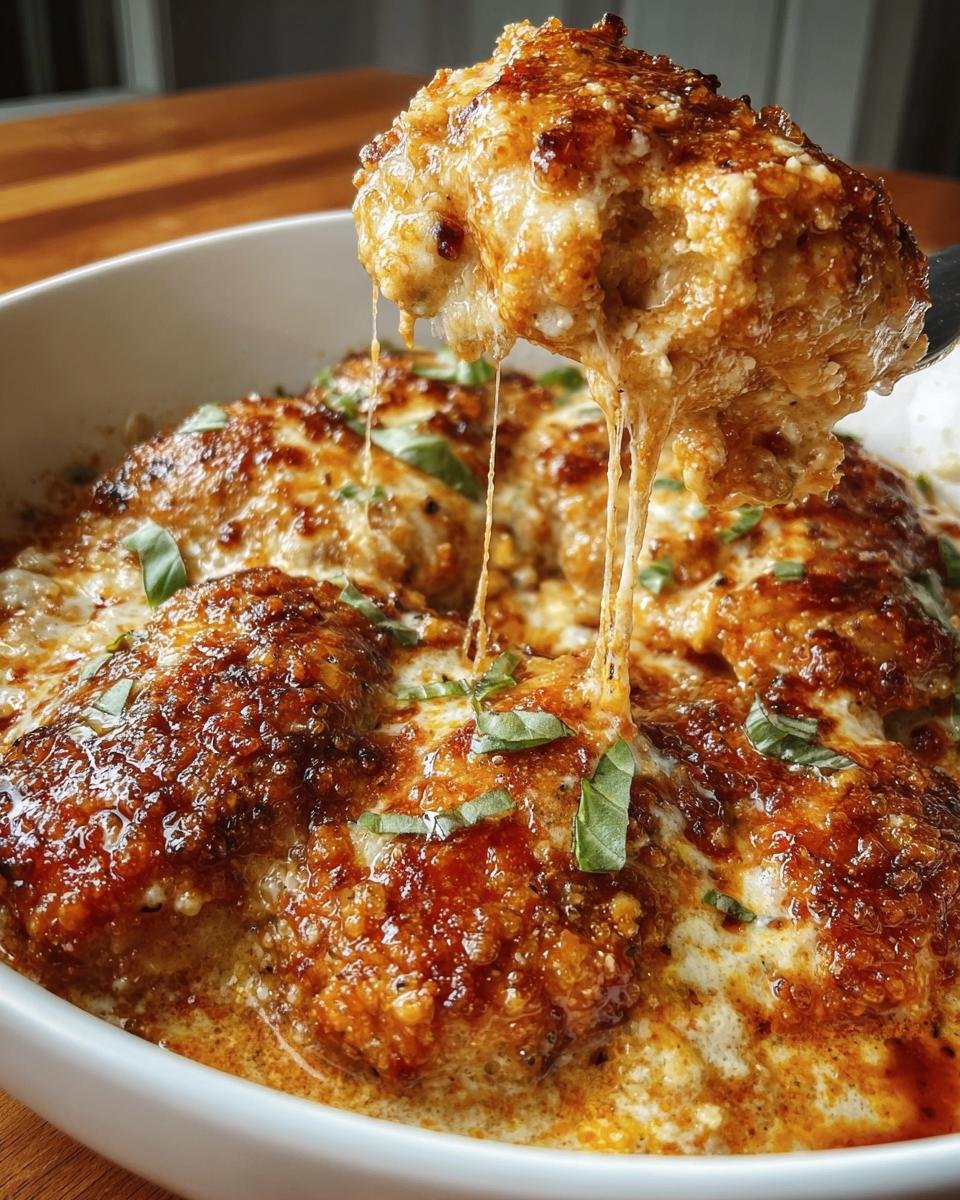 A spoonful of Cottage Cheese Chicken Parm Bowl showing a dramatic cheese pull over the saucy, baked chicken.