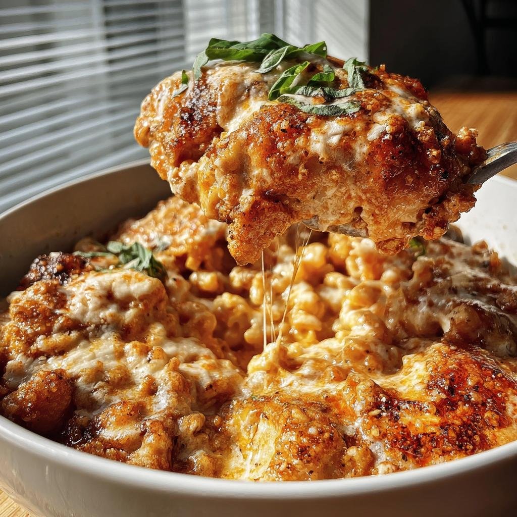 A spoonful of baked Cottage Cheese Chicken Parm Bowl lifted from the bowl, showing melted cheese strings.