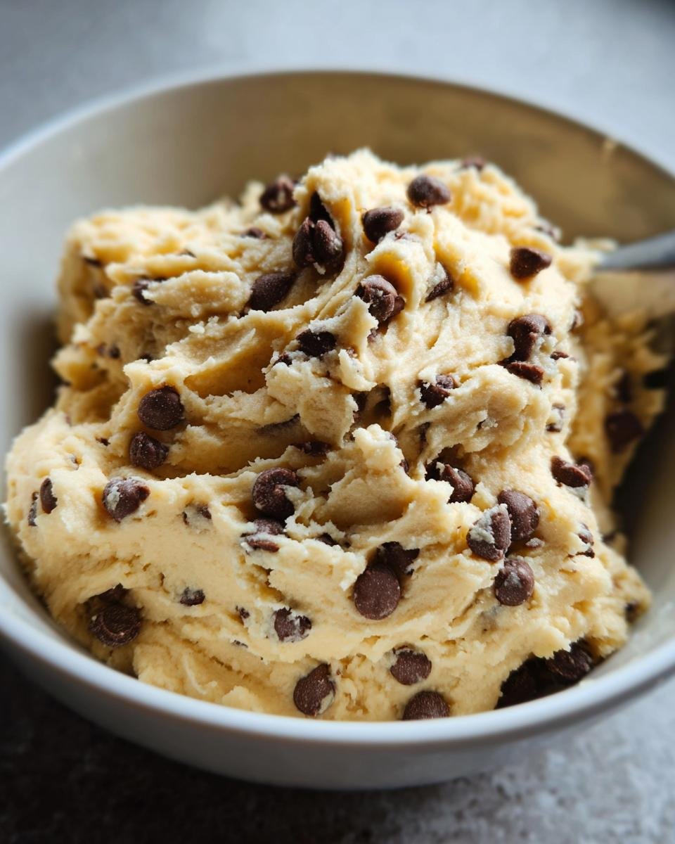 A close-up of thick, creamy Cottage Cheese Cookie Dough loaded with mini chocolate chips in a white bowl.