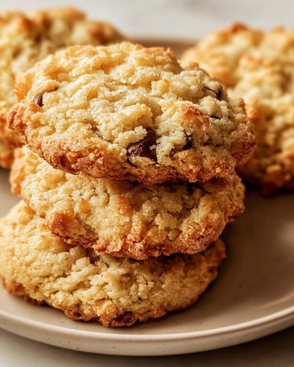 A stack of three golden Cottage Cheese Protein Cookies with chocolate chips on a plate.