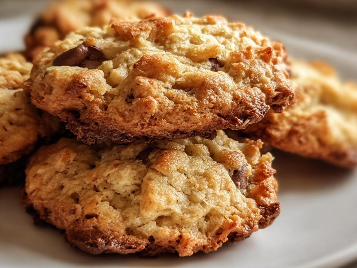 A stack of golden brown Cottage Cheese Protein Cookies with chocolate chips on a white plate.
