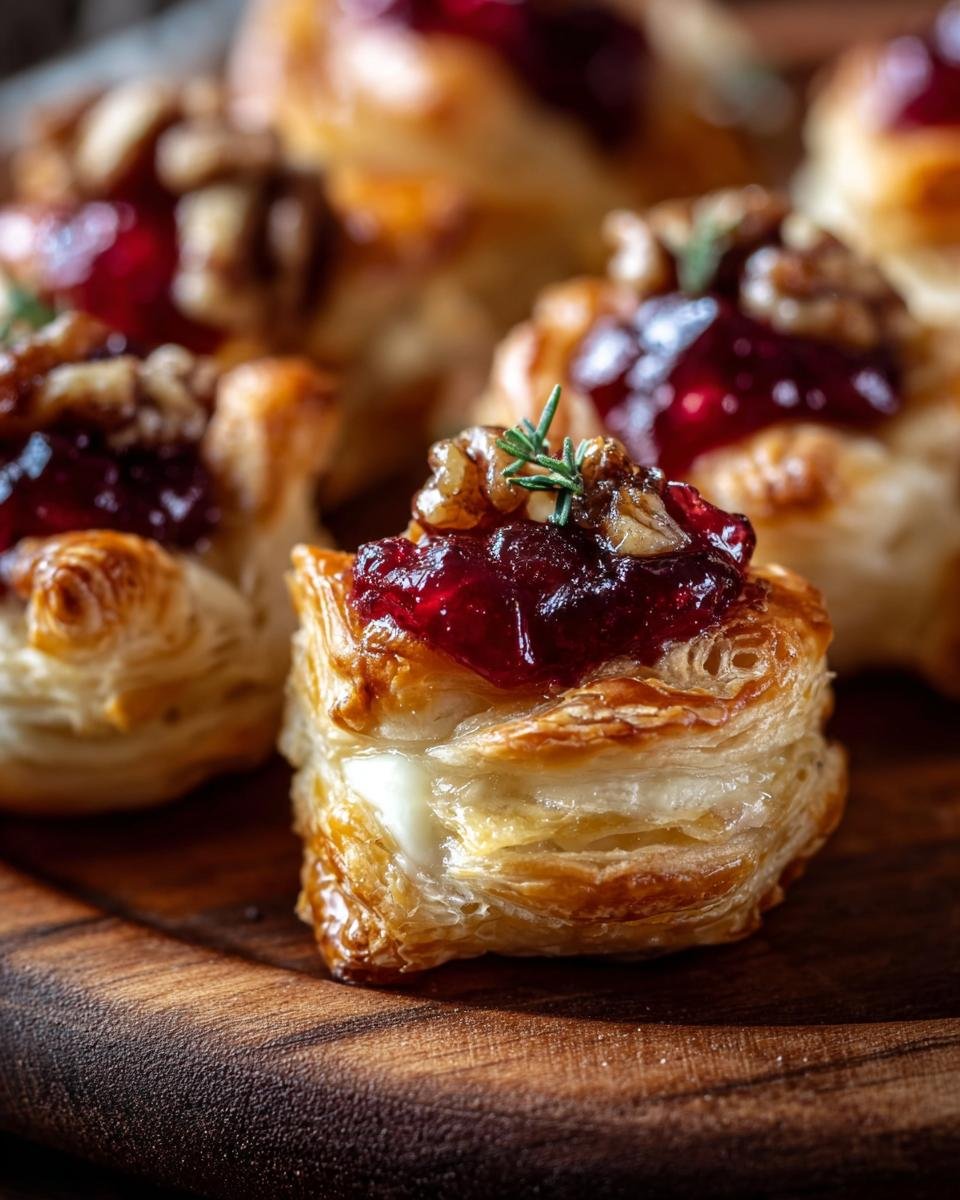 Close-up of a Cranberry Brie Bite, topped with walnuts and rosemary, on a wooden board.
