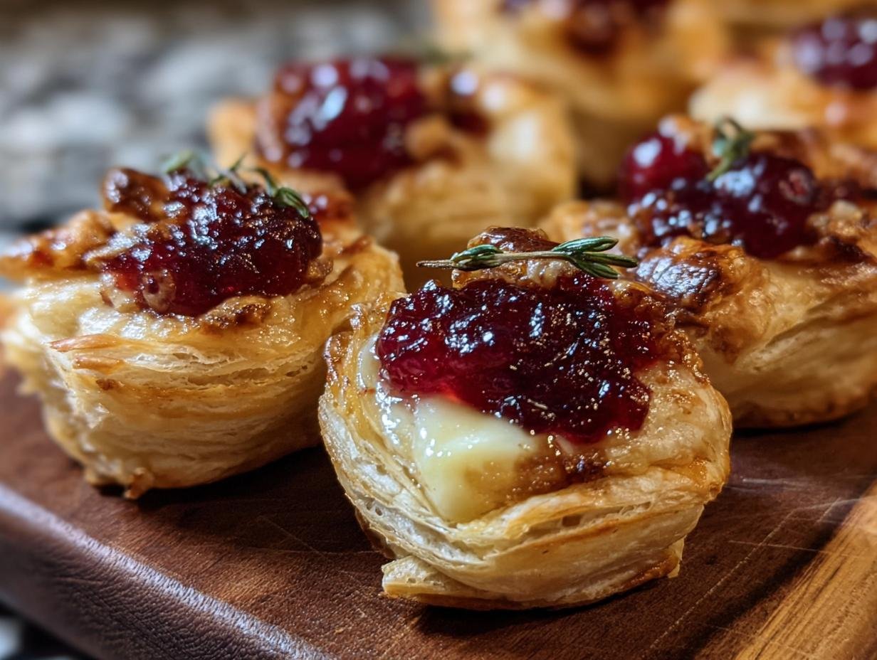 Close up of homemade Cranberry Brie Bites on a wooden board, topped with fresh thyme.