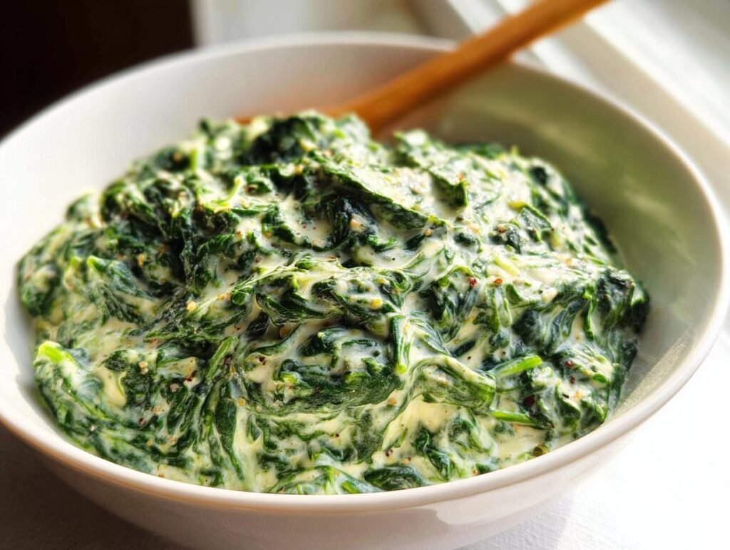A close-up of rich Creamed Spinach Steakhouse Style served in a white bowl with a wooden utensil.