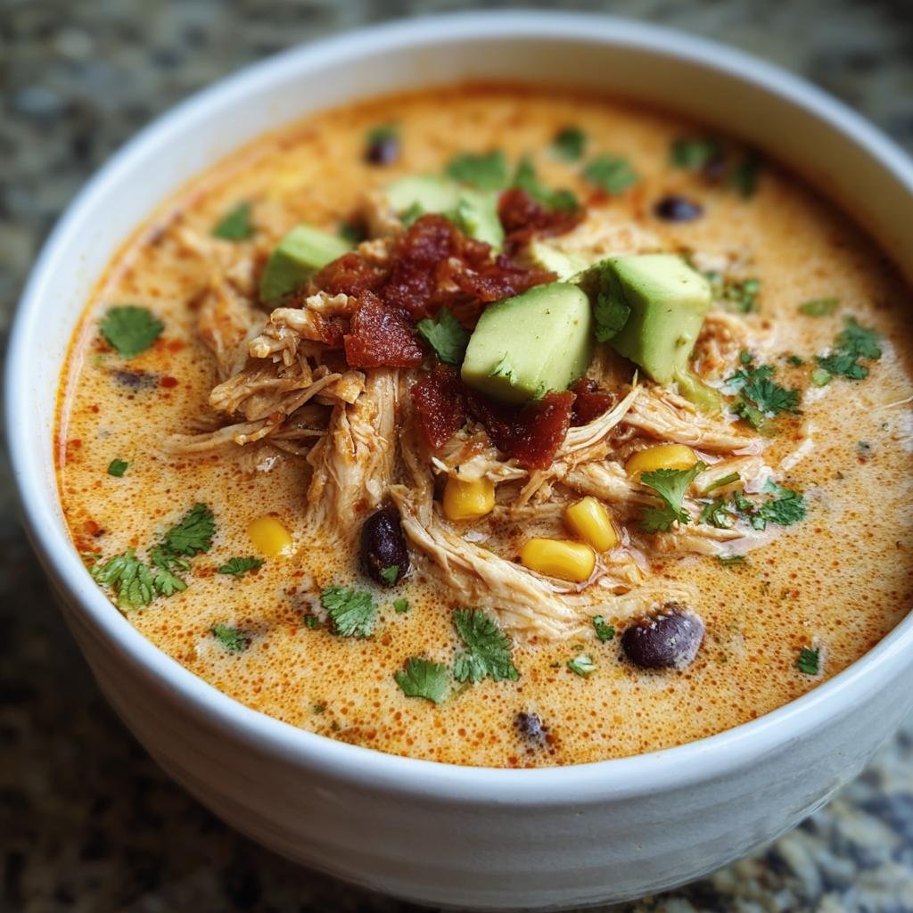A bowl of Creamy Chicken Enchilada Soup, topped with chicken, avocado, corn, and cilantro.