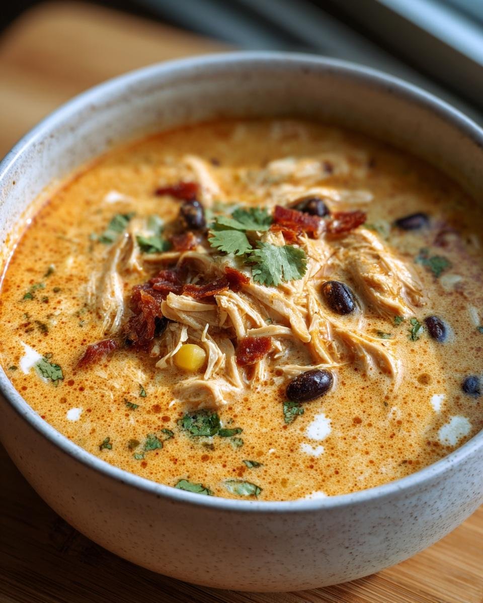 A close-up of a bowl of Creamy Chicken Enchilada Soup, garnished with cilantro, black beans, and tomatoes.