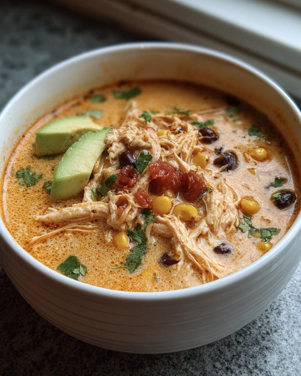 A bowl of Creamy Chicken Enchilada Soup topped with avocado, corn, black beans, and cilantro.
