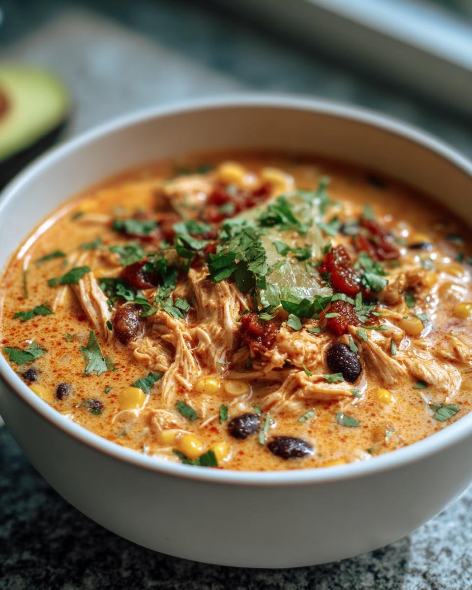 A bowl of Creamy Chicken Enchilada Soup, garnished with cilantro, tomatoes, and a lime wedge.