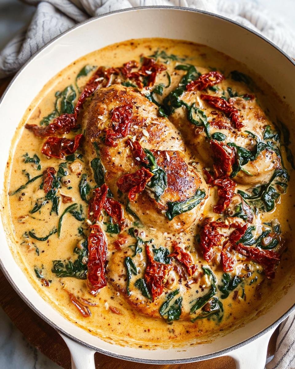 Two seared chicken breasts swimming in a rich, creamy sauce with spinach and sun-dried tomatoes in a white skillet, perfect Creamy Tuscan Chicken Skillet.