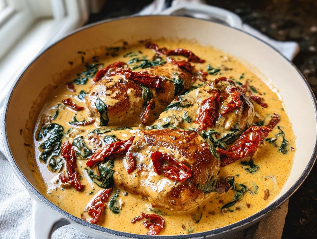 Close-up of seared chicken breasts simmering in a rich, creamy sauce with spinach and sun-dried tomatoes in a skillet.