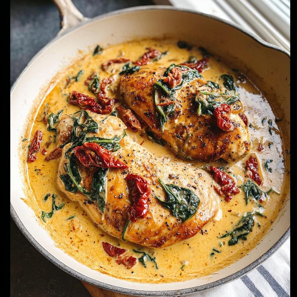Two perfectly seared chicken breasts swimming in a rich, creamy sauce with spinach and sun-dried tomatoes in a white skillet, ready for Creamy Tuscan Chicken Skillet.
