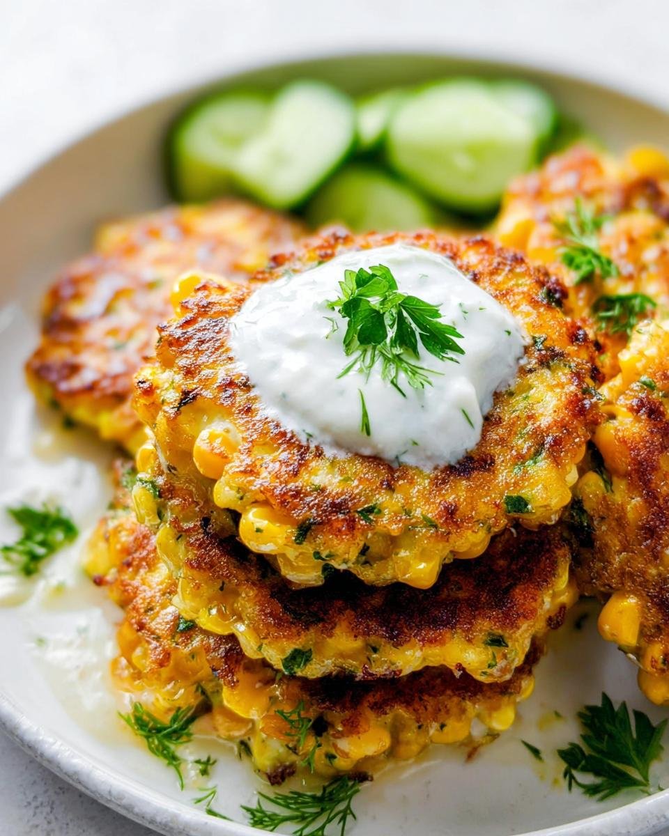 Stack of golden brown Corn Fritters Crispy Outside Tender Inside topped with sour cream and parsley.