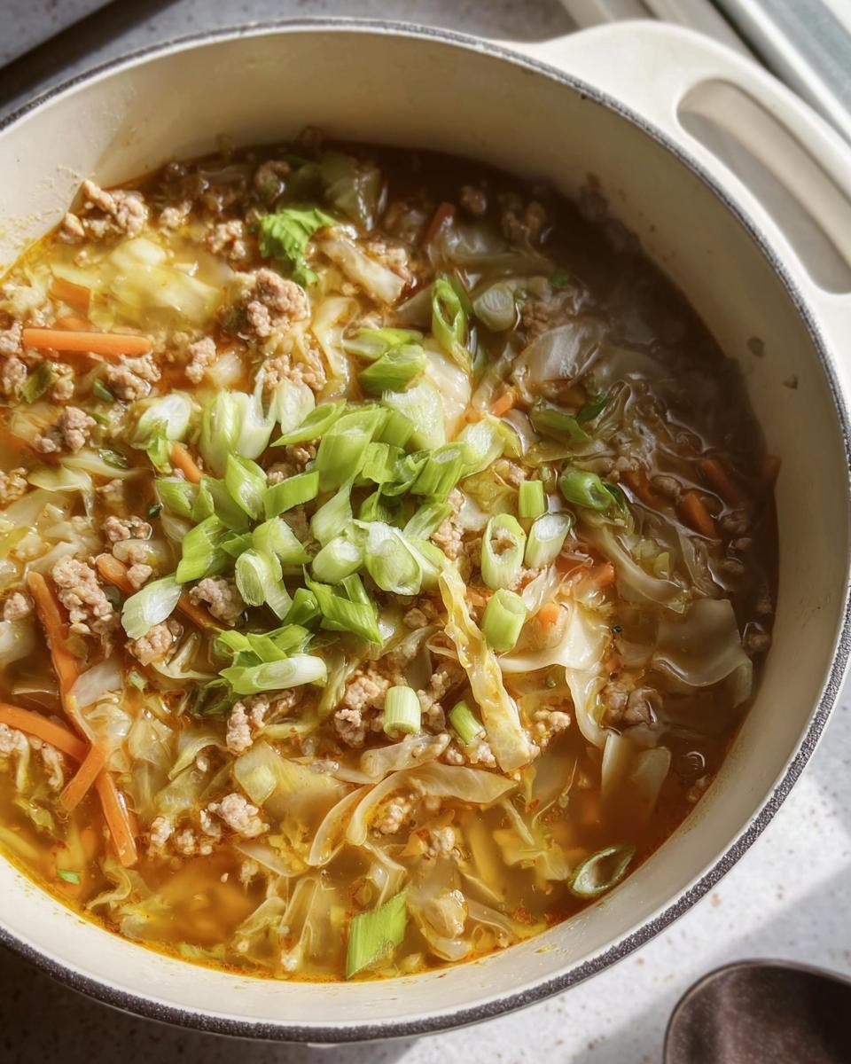 Overhead shot of a bowl of Egg Roll Soup with cabbage, carrots, ground meat, and green onion garnish.