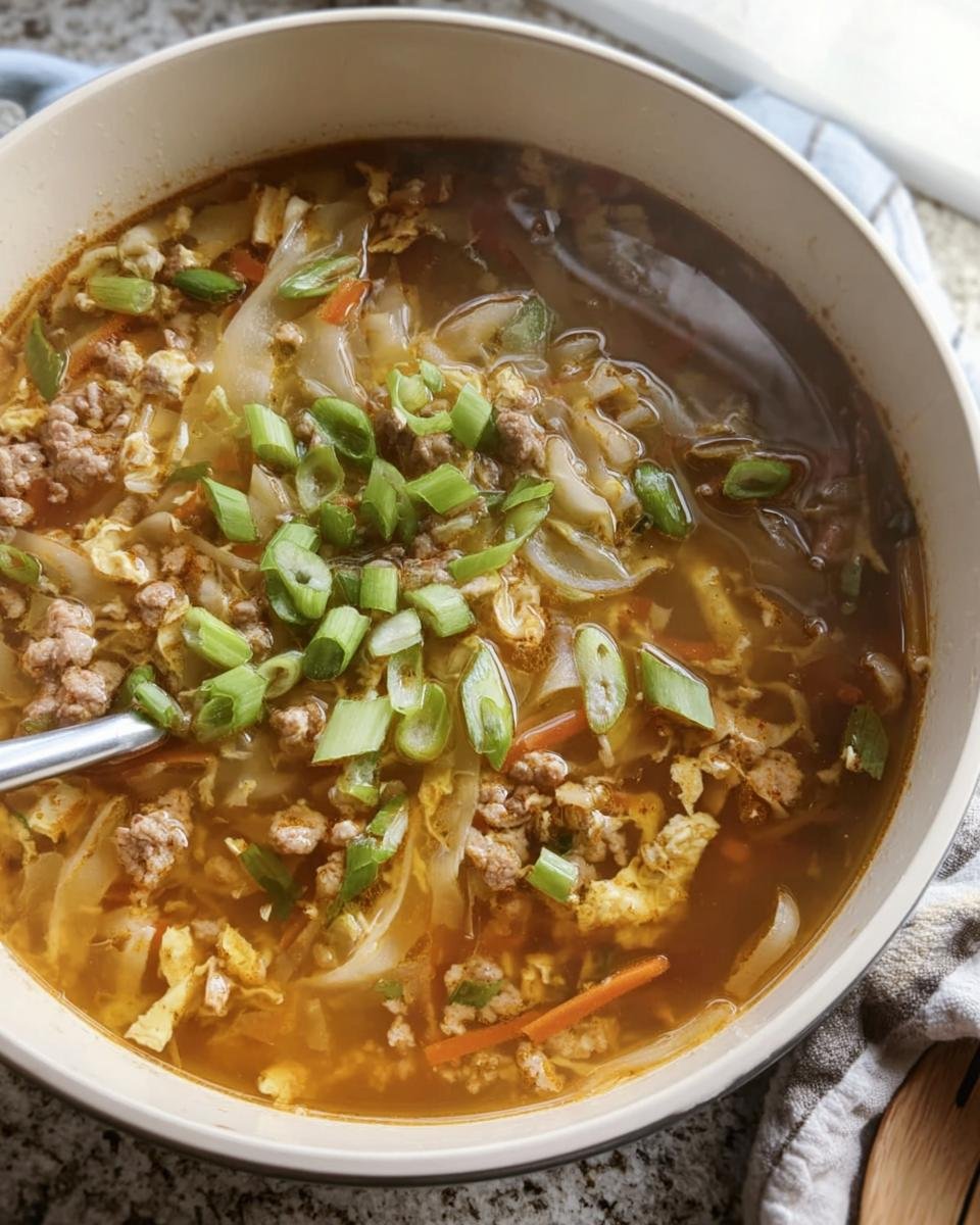 Overhead shot of a bowl of Egg Roll Soup, garnished with green onions, featuring ground pork and vegetables.