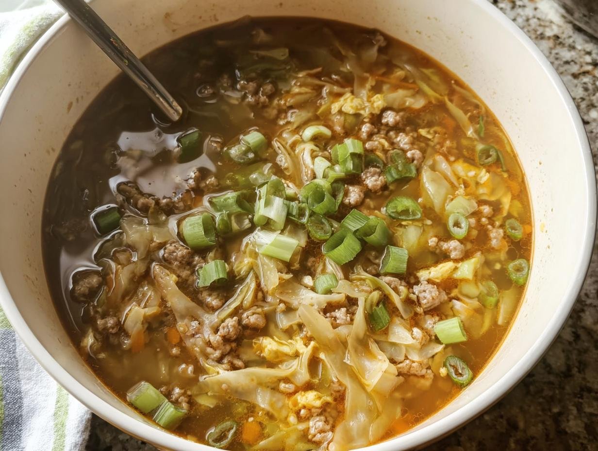 A bowl of Egg Roll Soup, featuring cabbage, ground pork, scrambled egg, and green onions in a savory broth.