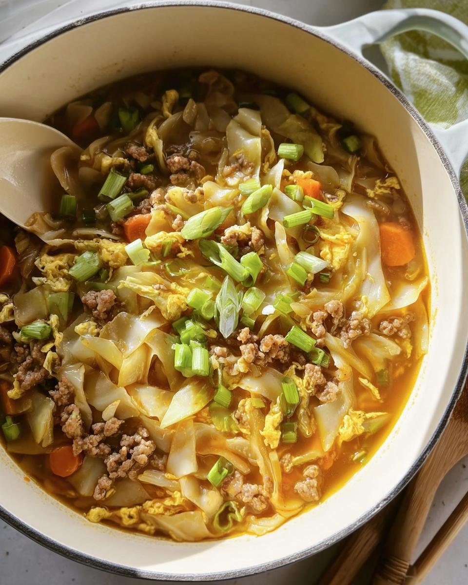 Overhead view of a pot filled with delicious Egg Roll Soup, garnished with green onions.