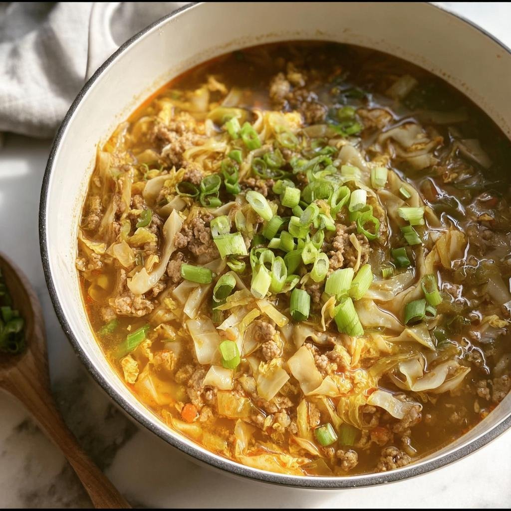 A pot of delicious Egg Roll Soup, garnished with fresh green onions. Ready to serve!