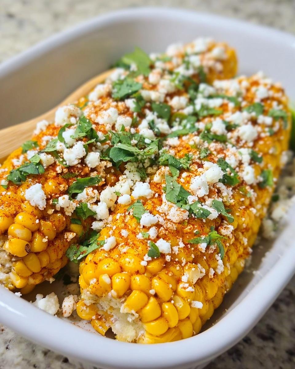 Close-up of two ears of Elote Mexican Street Corn topped generously with cotija cheese, chili powder, and fresh cilantro.