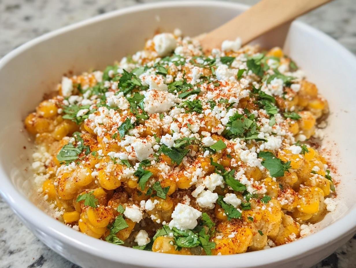 Close-up of Elote Mexican Street Corn kernels topped with cotija cheese, cilantro, and chili powder in a white bowl.