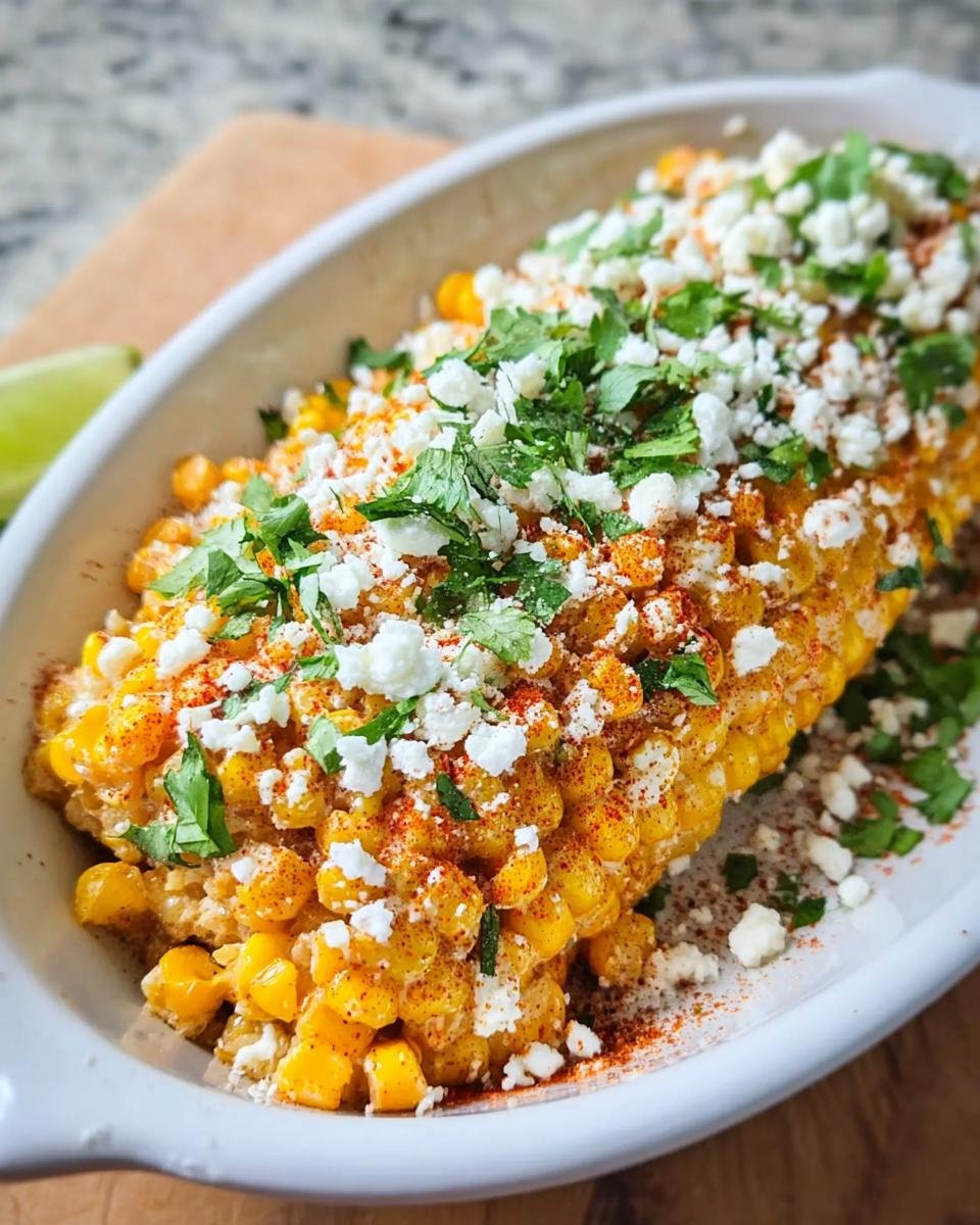 Close-up of a perfectly prepared Elote Mexican Street Corn covered in cotija cheese, chili powder, and cilantro.