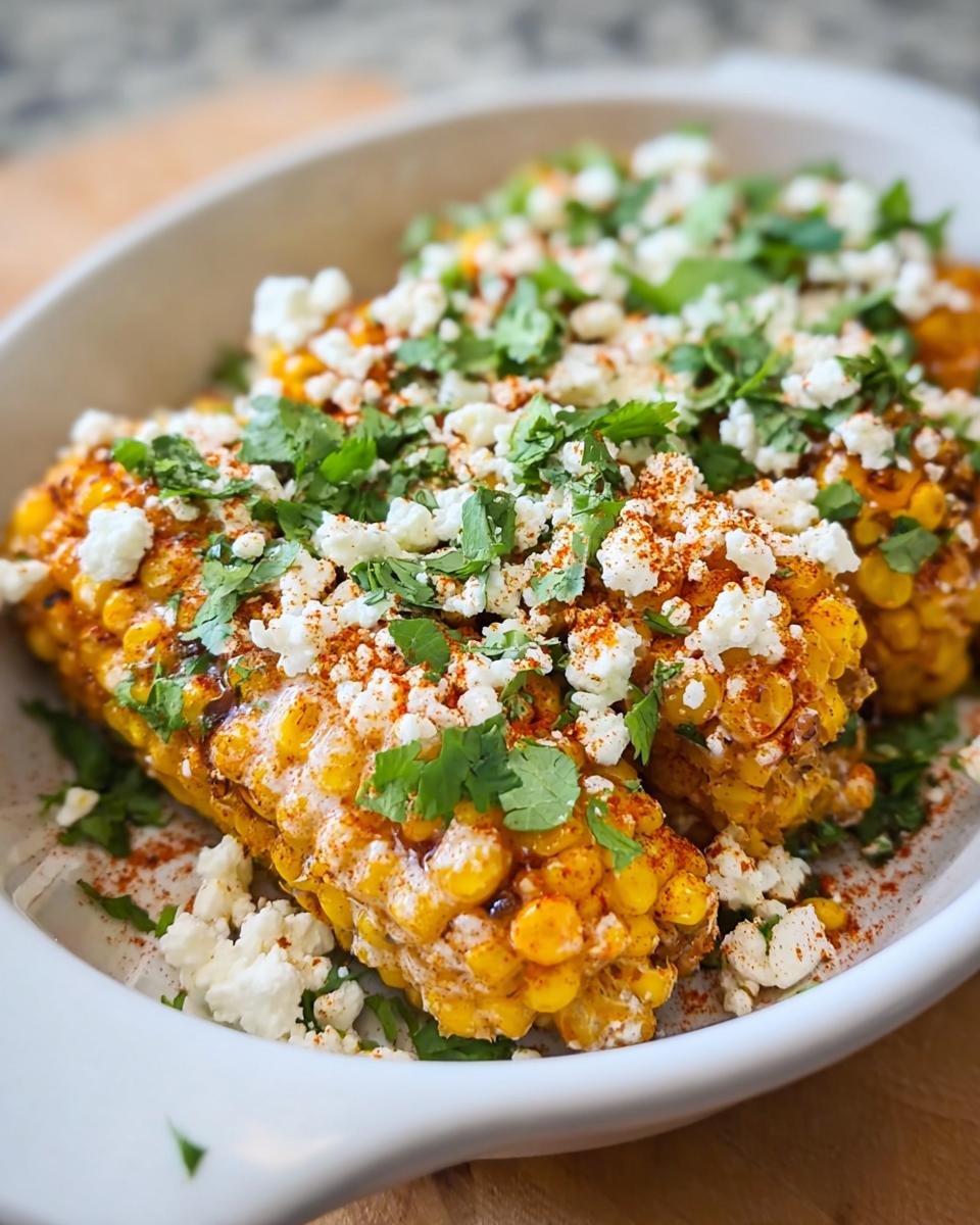 Close-up of grilled Elote Mexican Street Corn topped generously with cotija cheese, cilantro, and chili powder.