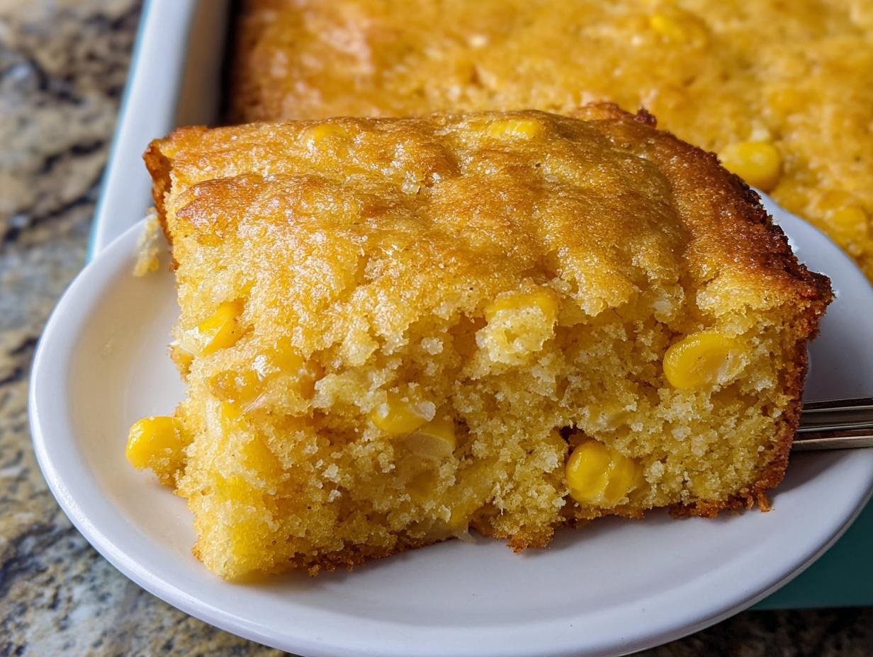 A moist, golden slice of Five Ingredient Corn Casserole served on a white plate, showing whole corn kernels throughout.
