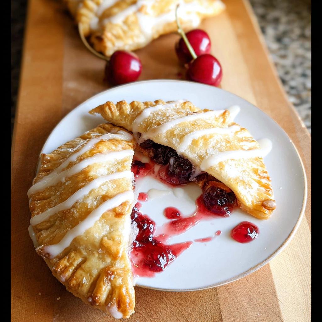 A flaky Cherry Hand Pie cut open, showing juicy cherry filling spilling onto a white plate, drizzled with white icing.
