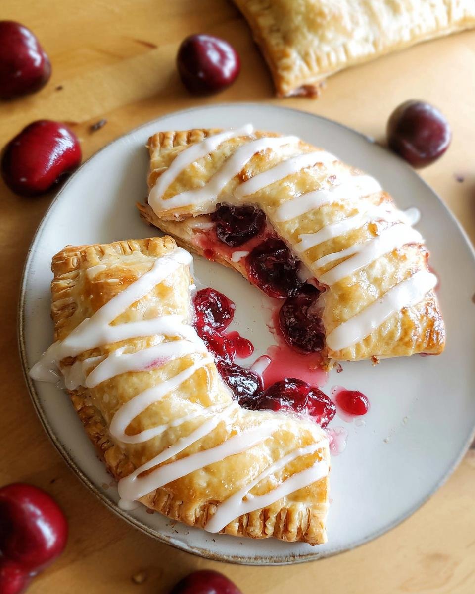 Two halves of a flaky Cherry Hand Pie cut open, showing juicy filling and drizzled with white icing.