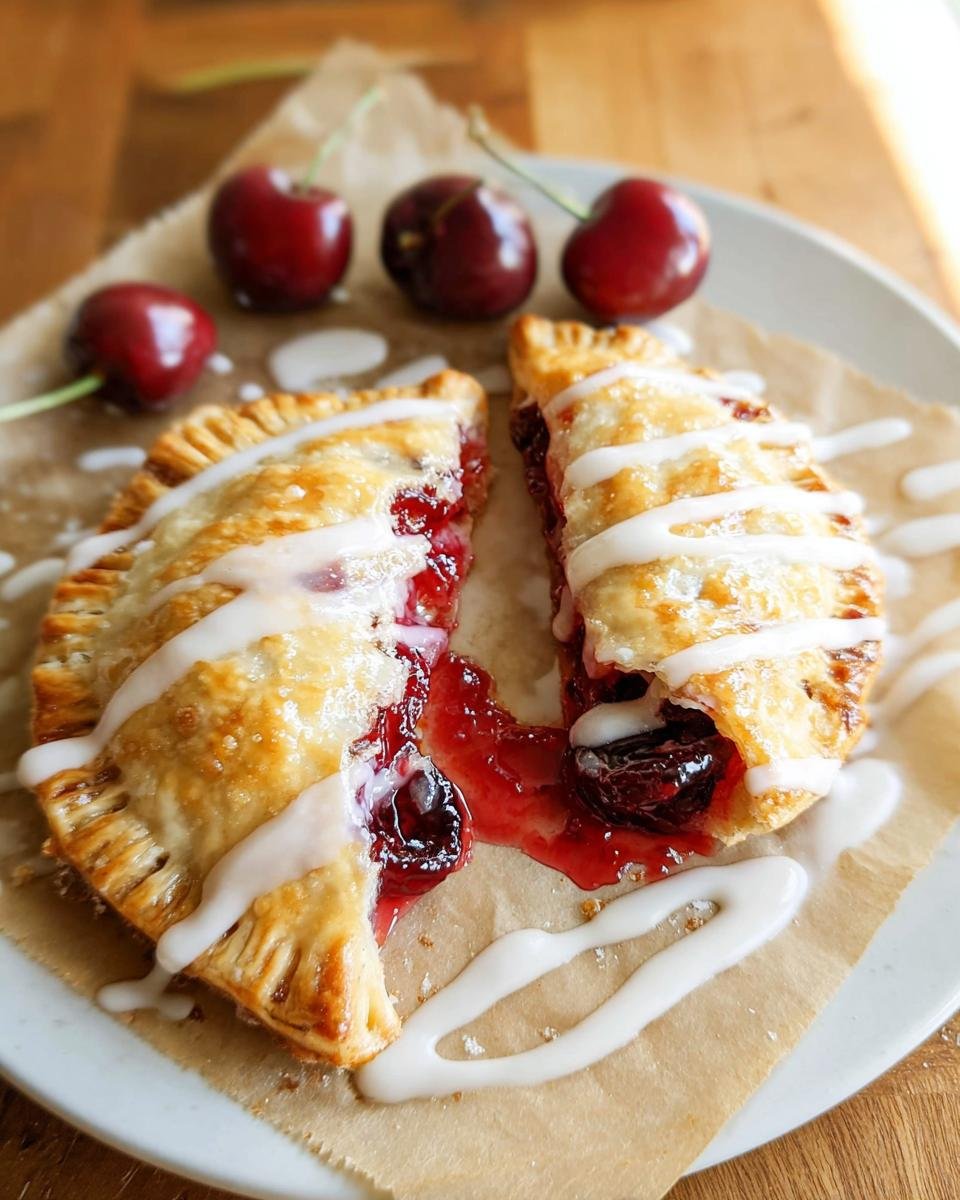 Close-up of flaky Cherry Hand Pies cut in half, showing juicy filling and white icing drizzle.