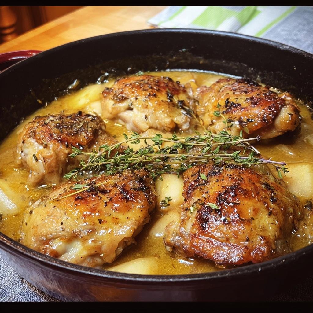Four pieces of crispy-skinned French Apple Cider Chicken simmering in a rich sauce with apples and fresh thyme.
