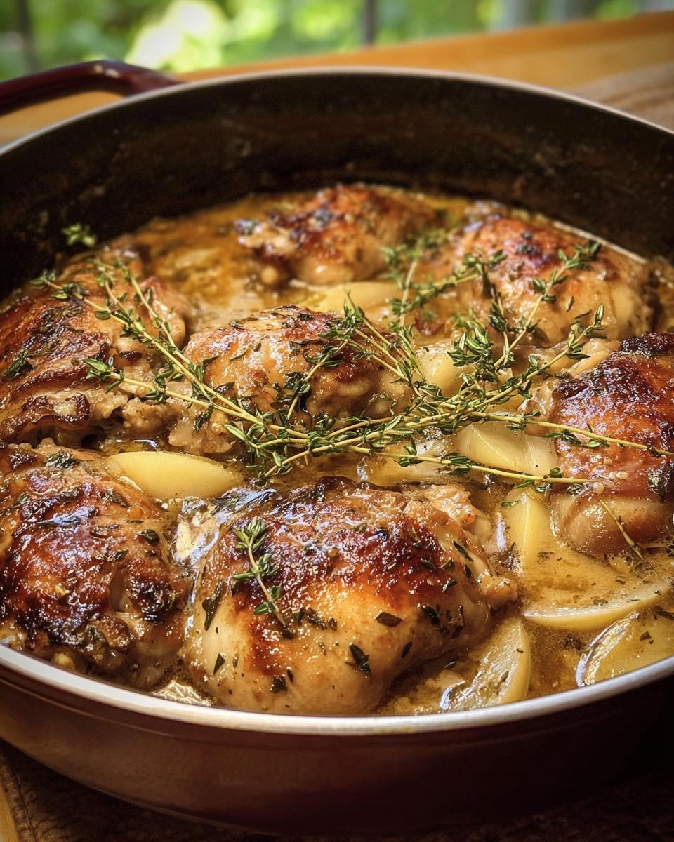 Close-up of browned chicken thighs simmering in a rich sauce with apple slices, garnished with fresh thyme for French Apple Cider Chicken.