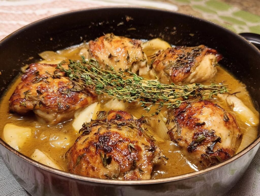 Four golden-brown chicken thighs simmering in a rich sauce with apples, garnished with fresh thyme for French Apple Cider Chicken.