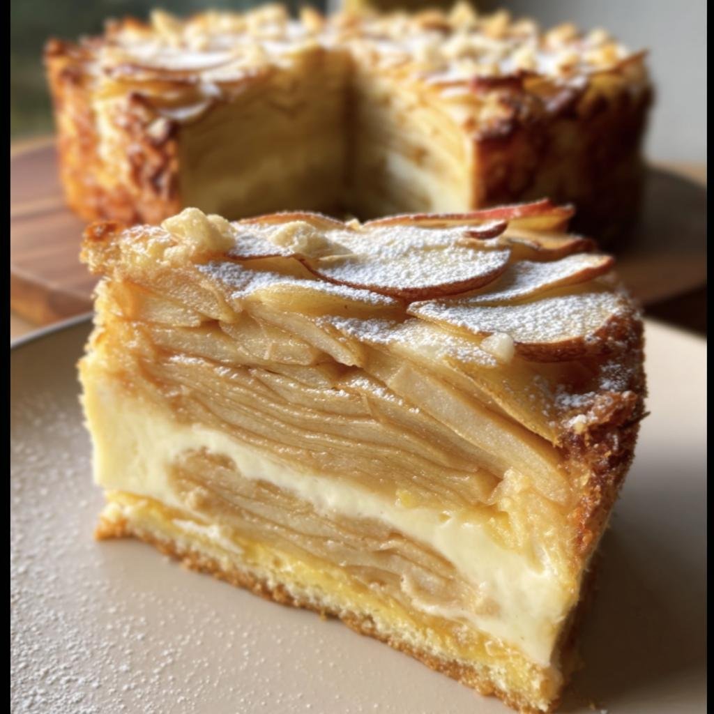 A slice of French Apple Invisible Cake, showcasing layers of apples and a creamy filling, dusted with powdered sugar.