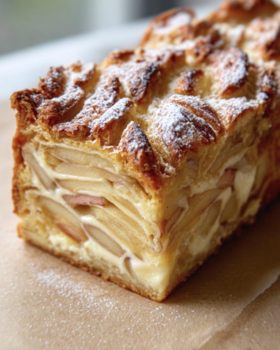 Close-up of a slice of French Apple Invisible Cake, showcasing the layers of apples and a dusting of powdered sugar.