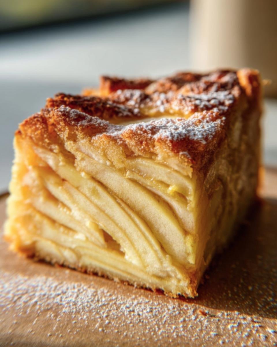 A single slice of French Apple Invisible Cake dusted with powdered sugar, showcasing the layers of apples.