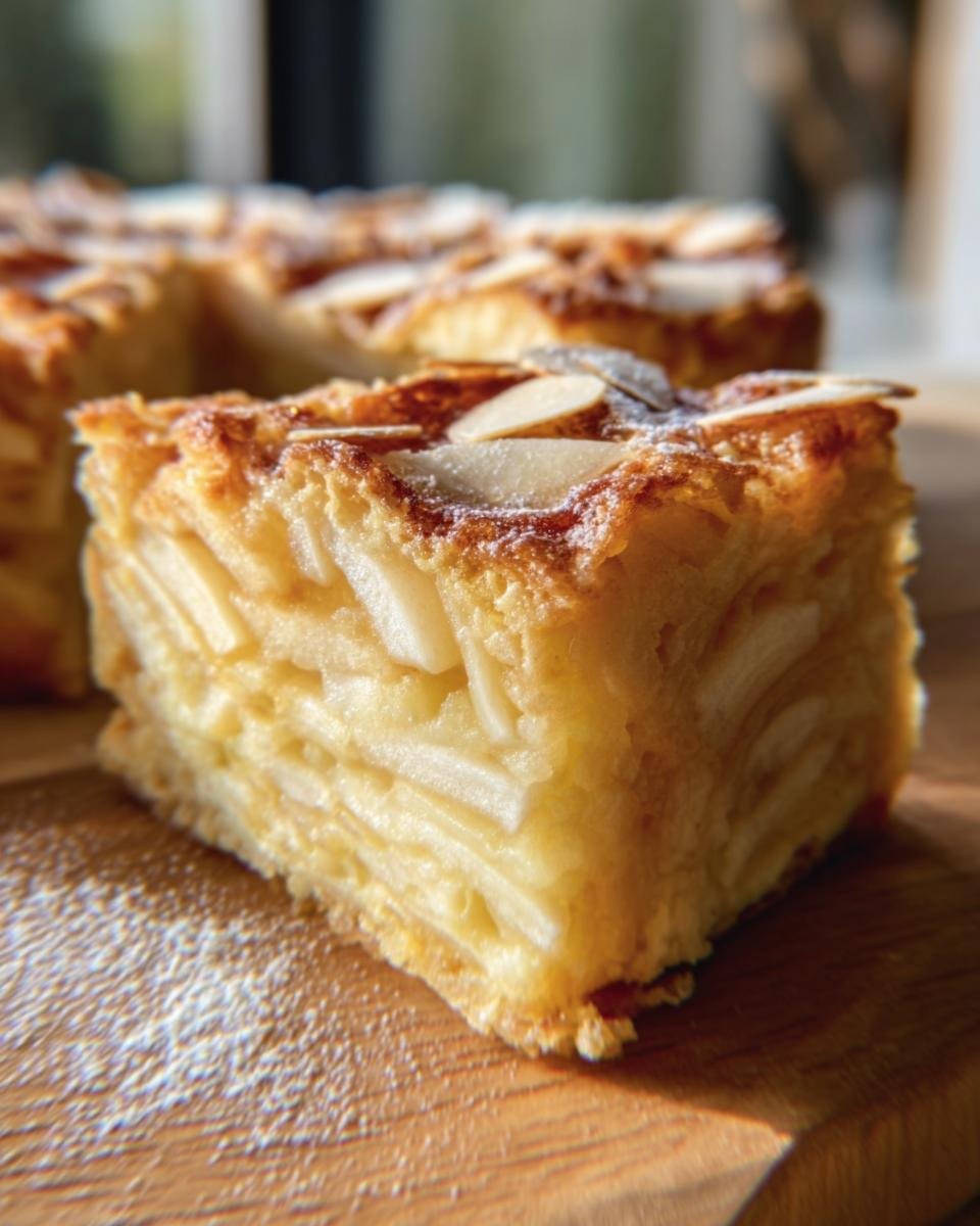 A slice of French Apple Invisible Cake showing layers of apples and a golden crust.