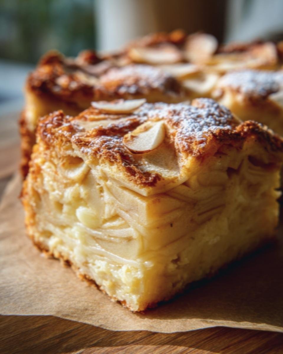 A slice of French Apple Invisible Cake dusted with powdered sugar and almond slices.