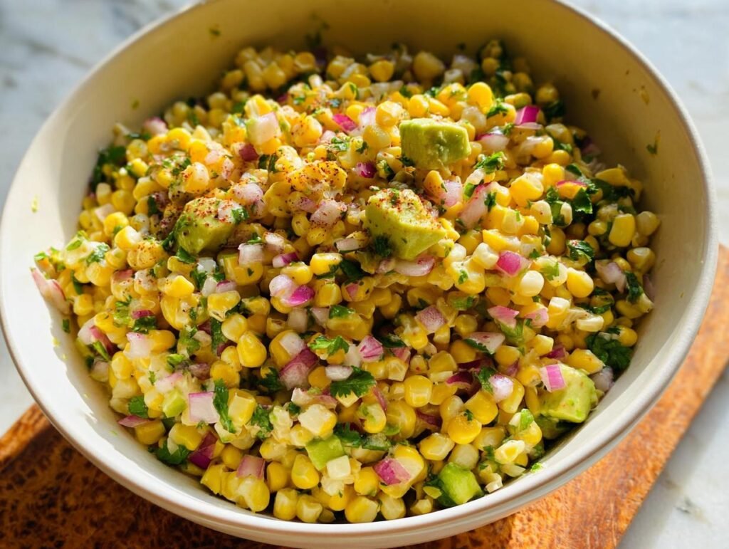 Close-up of a bowl filled with Fresh Corn Salsa Party Ready, featuring corn, red onion, avocado, and cilantro.