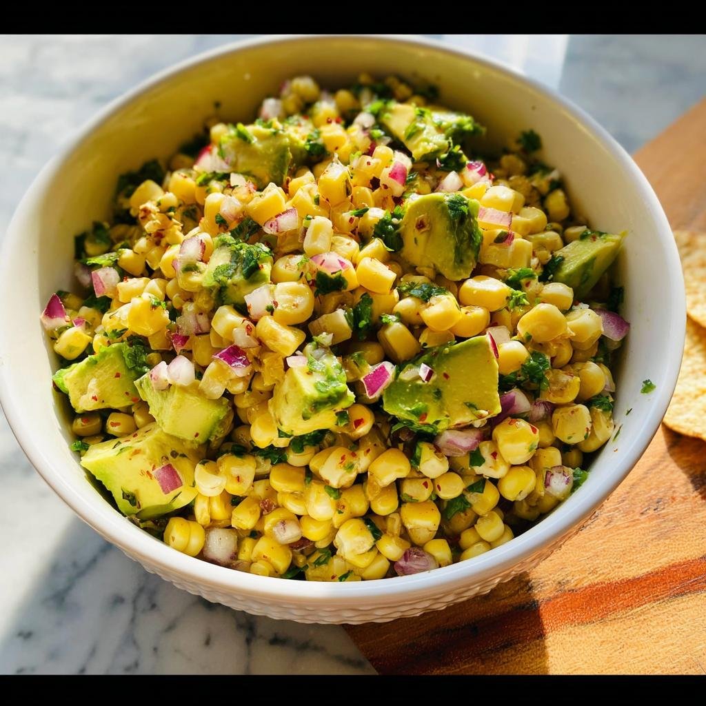 Close-up of a white bowl filled with Fresh Corn Salsa Party Ready, featuring corn, avocado chunks, and red onion.