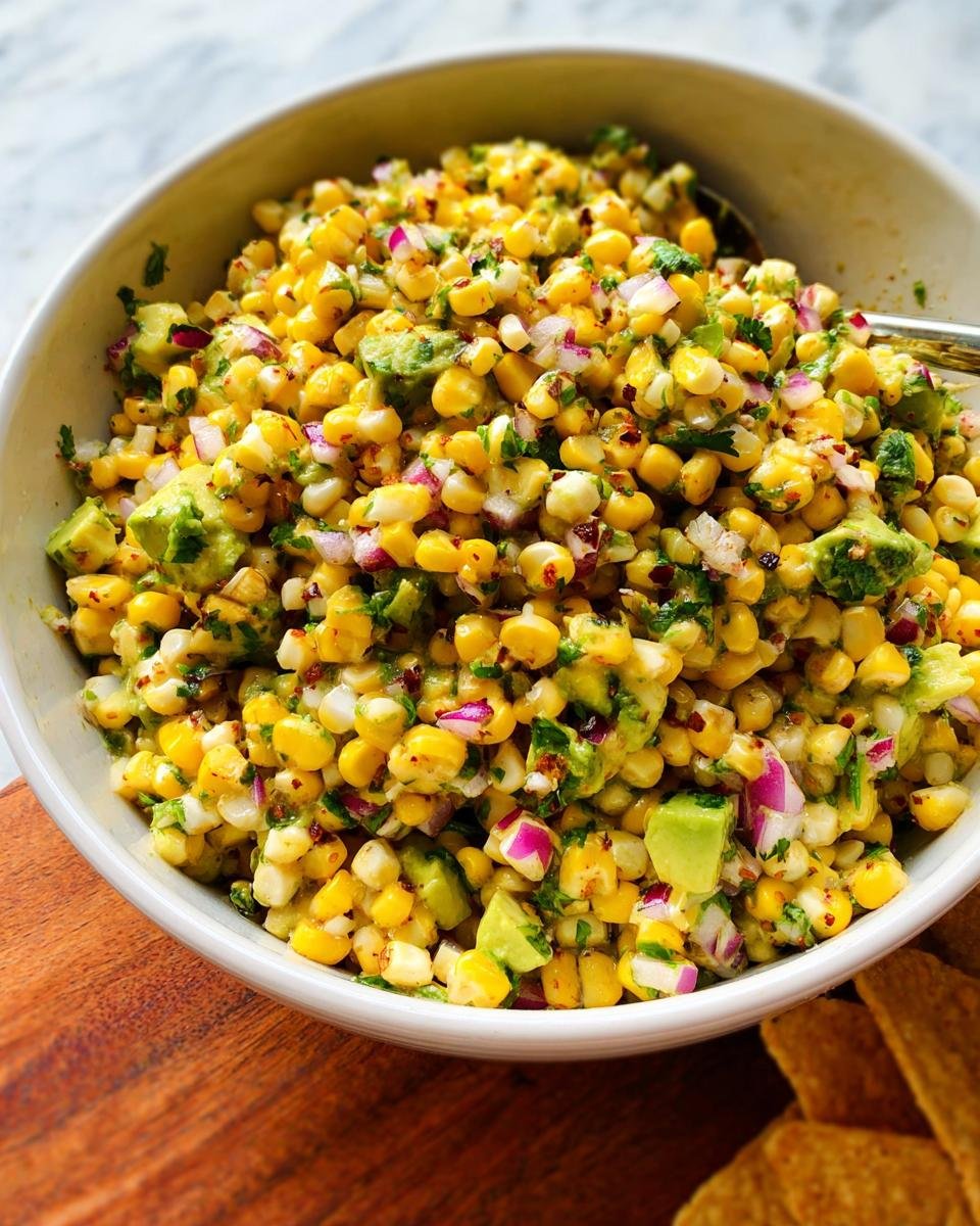 Close-up of a white bowl filled with Fresh Corn Salsa Party Ready, featuring corn, avocado, and red onion.