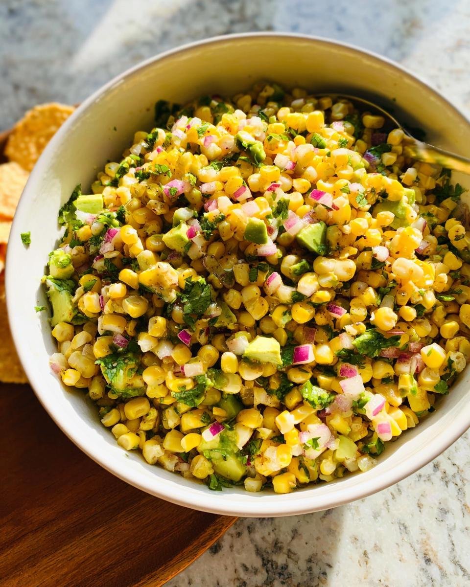 Close-up of a white bowl filled with Fresh Corn Salsa Party Ready, featuring corn, avocado, and red onion.