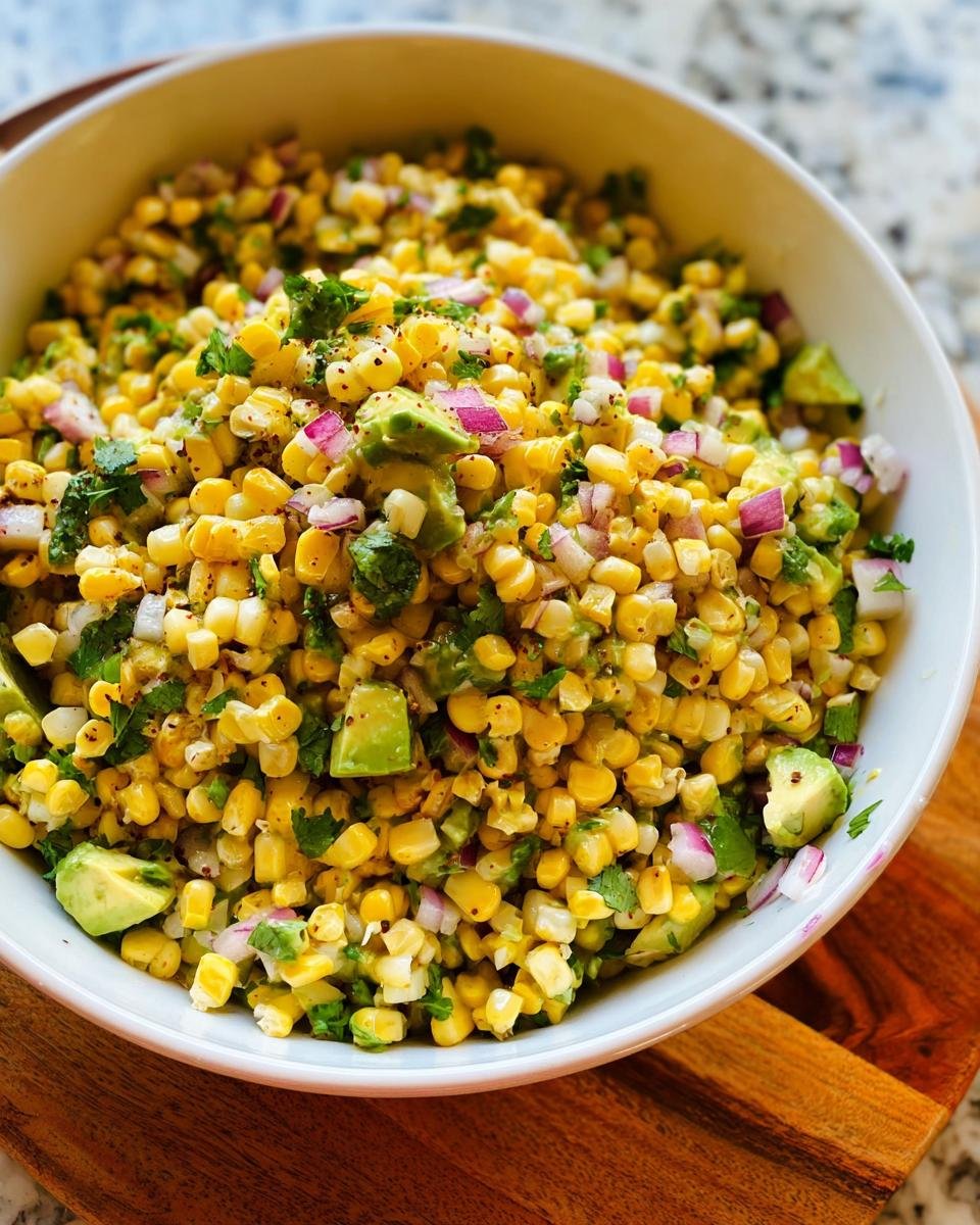 Close-up of a white bowl filled with Fresh Corn Salsa Party Ready, featuring corn, avocado, and red onion.