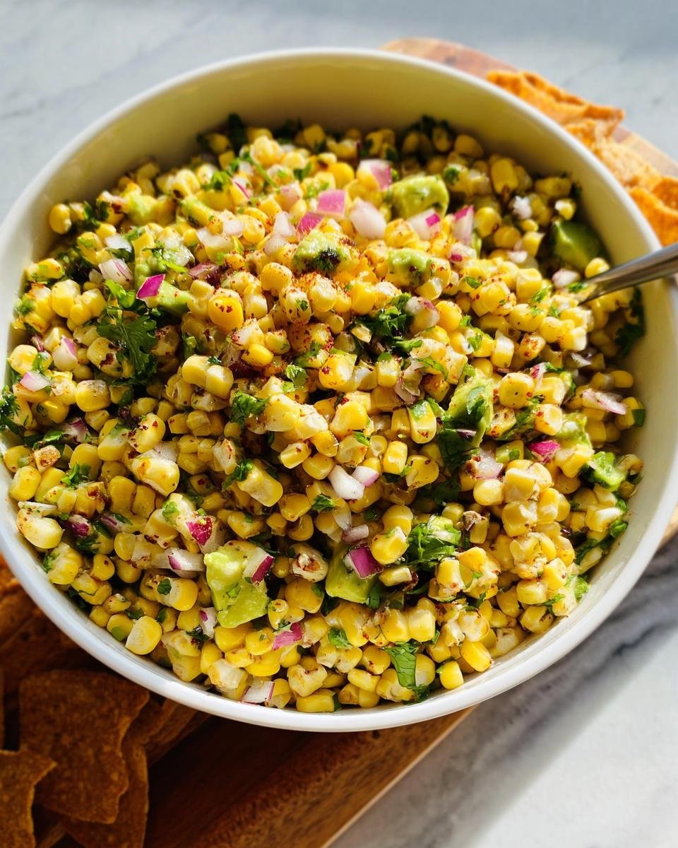 Close-up overhead view of a white bowl filled with Fresh Corn Salsa Party Ready, featuring corn, avocado, and red onion.
