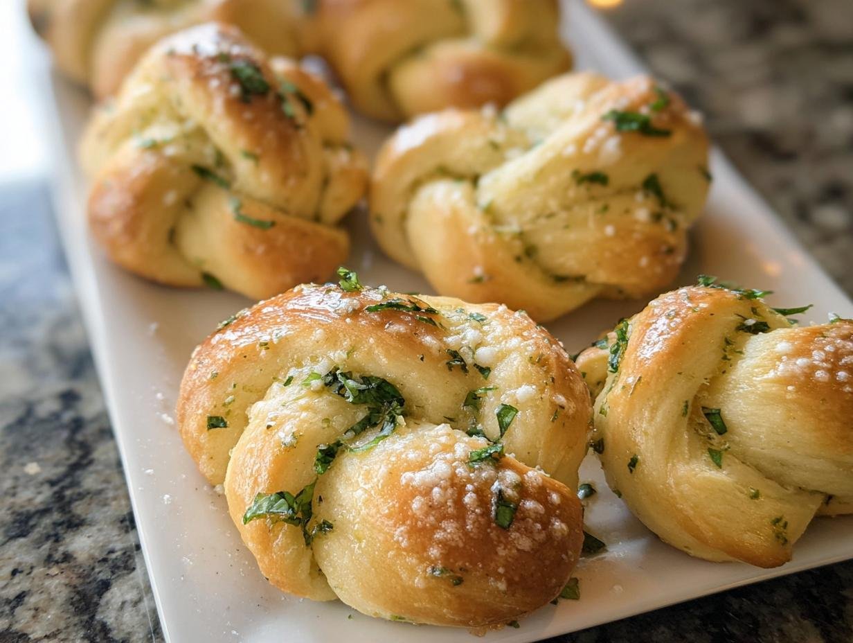 Close-up of freshly baked Garlic Knots with Olive Oil, topped with melted butter, Parmesan, and chopped parsley.