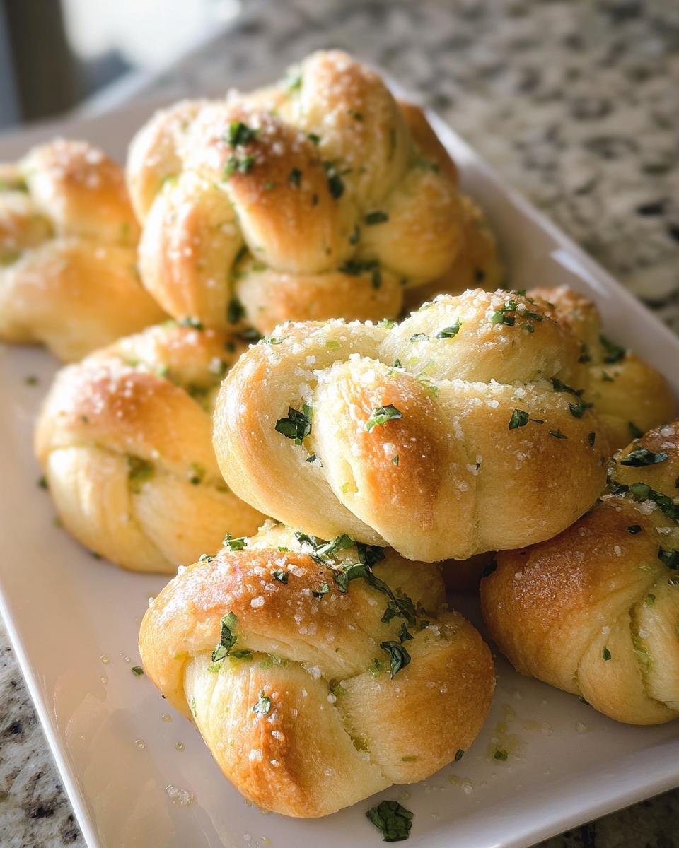 A pile of freshly baked Garlic Knots with Olive Oil, topped with chopped parsley and coarse salt.