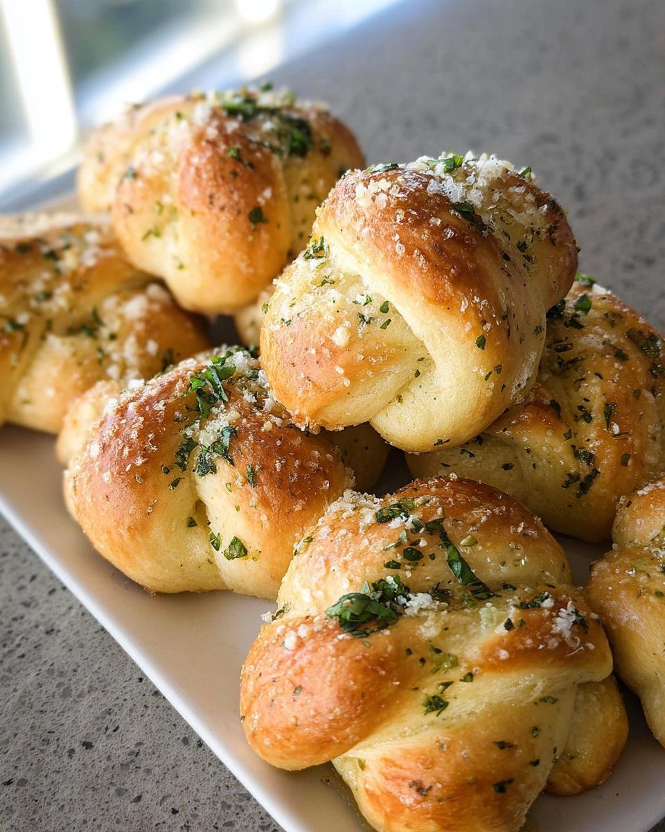 A close-up of freshly baked Garlic Knots with Olive Oil, topped with Parmesan cheese and parsley.